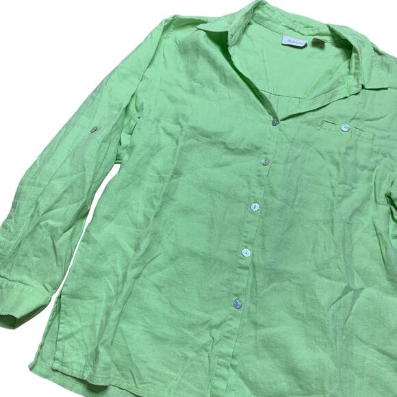 Vintage Key Lime Green Linen Blend Button Down Summer Breezy Blouse Large - Picture 2 of 4